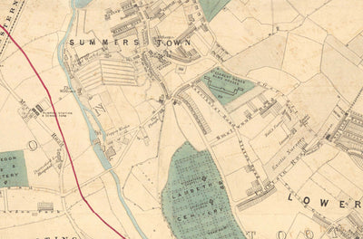 Antiguo mapa en color del suroeste de Londres, 1891 - Wimbledon, Merton, Summerstown - SW19, SW17 SW20