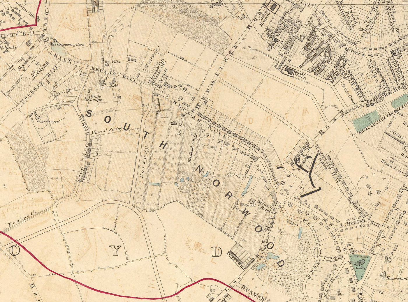 Old Colour Map of South East London, 1891 - Norwood, Crystal Palace, Penge, Sydenham - SE27, SE19, SE20, SE26