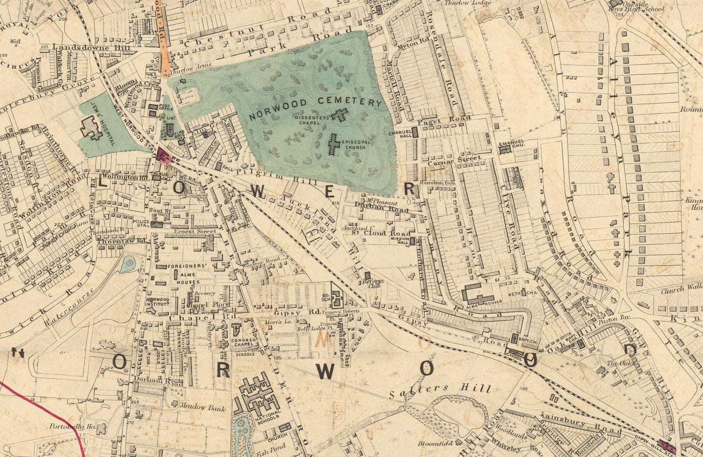 Old Colour Map of South East London, 1891 - Norwood, Crystal Palace, Penge, Sydenham - SE27, SE19, SE20, SE26
