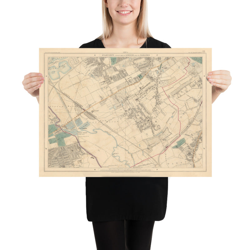 Old Colour Map of North East London, 1891 - Walthamstow, Leyton, Wanstead, Leytonstone, Lea - E5, E10, E11, E17