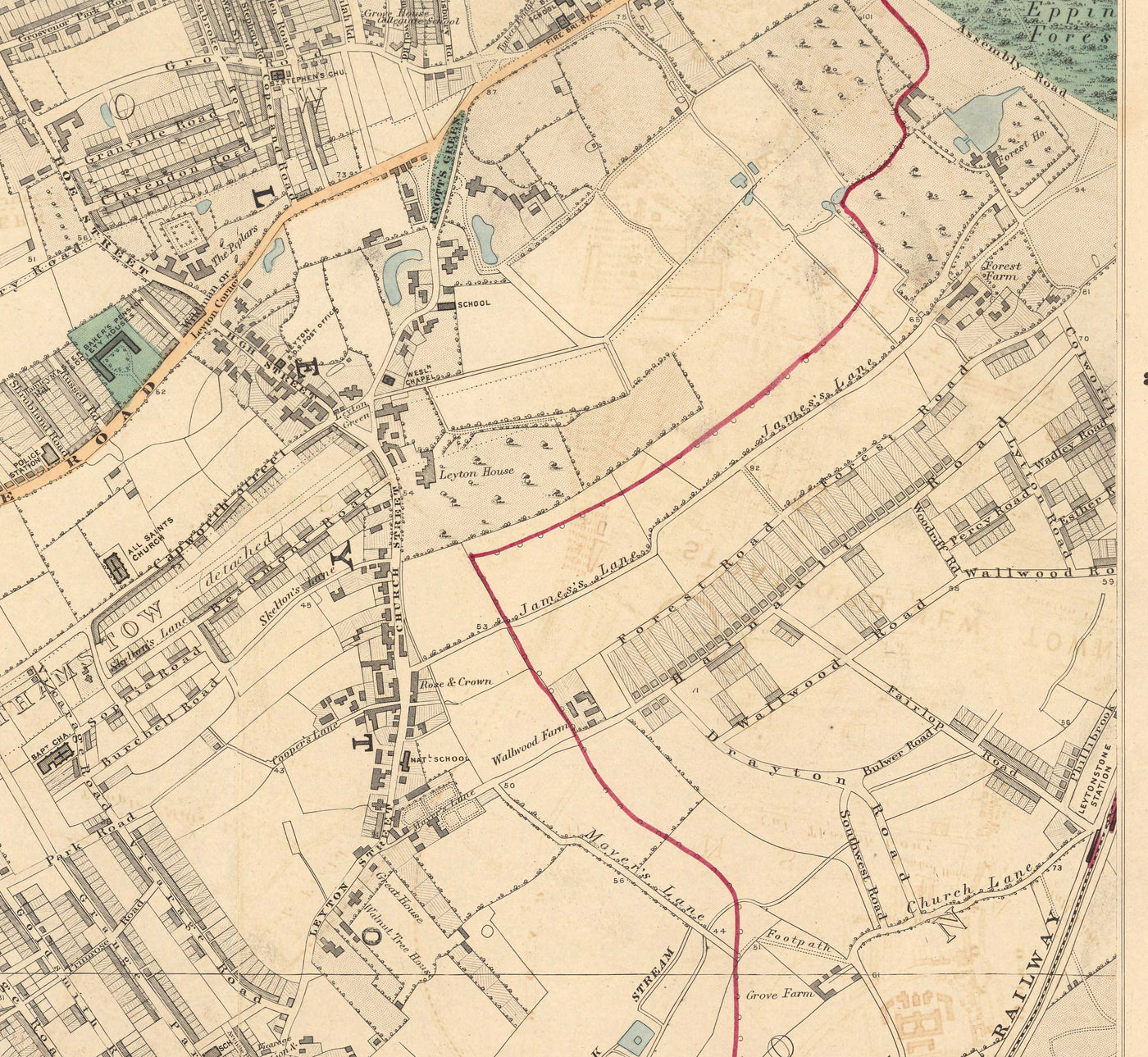 Old Colour Map of North East London, 1891 - Walthamstow, Leyton, Wanstead, Leytonstone, Lea - E5, E10, E11, E17