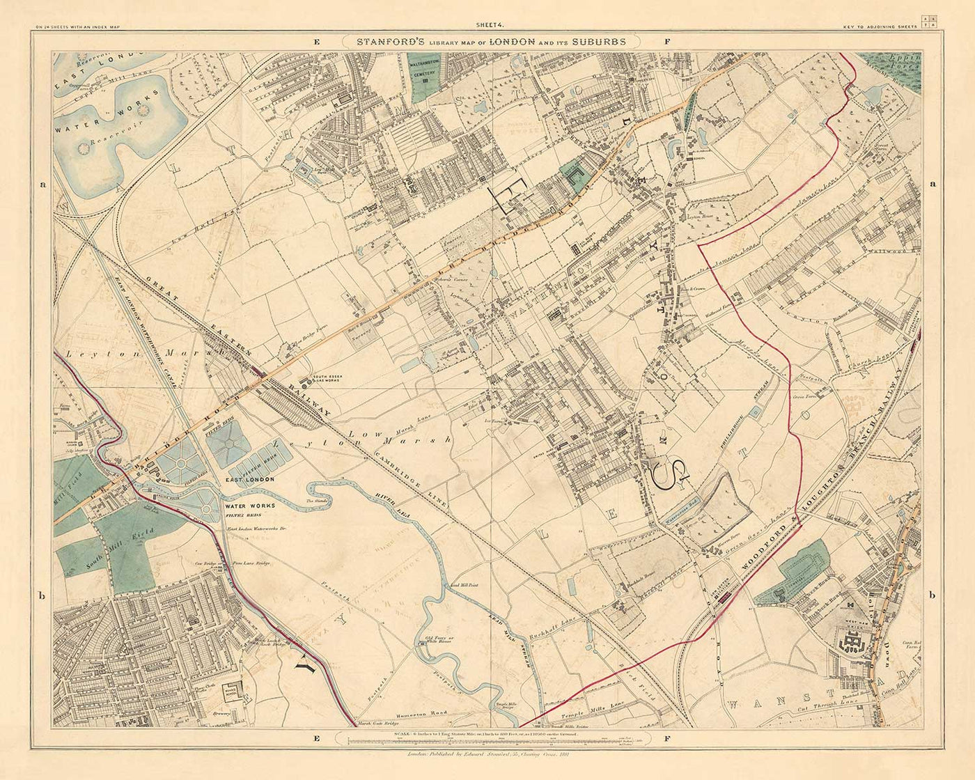 Old Colour Map of North East London, 1891 - Walthamstow, Leyton, Wanstead, Leytonstone, Lea - E5, E10, E11, E17