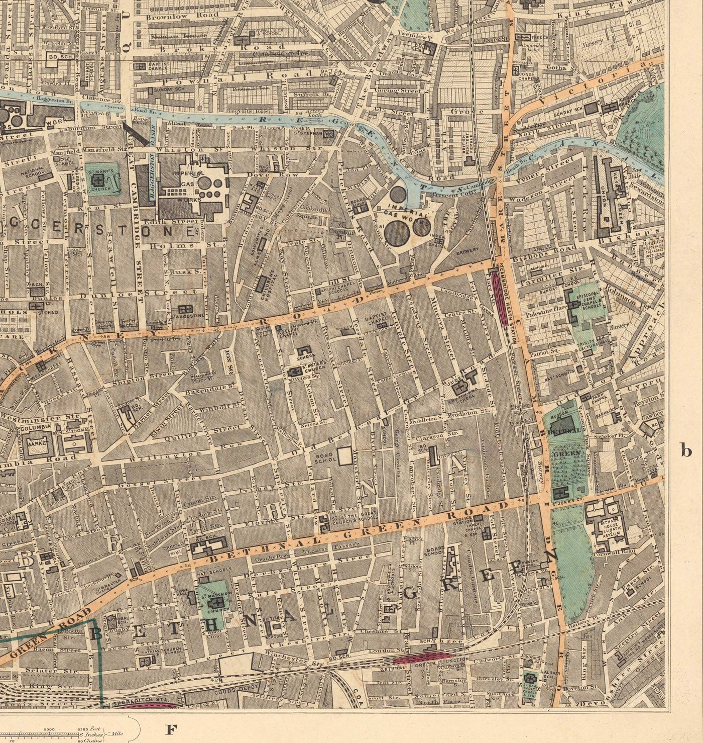 Old Colour Map of East London, 1891 - Hoxton, Haggerston, Dalston, Hackney, Bethnal Green, Shoreditch - N1, N5, E8, E2, EC1