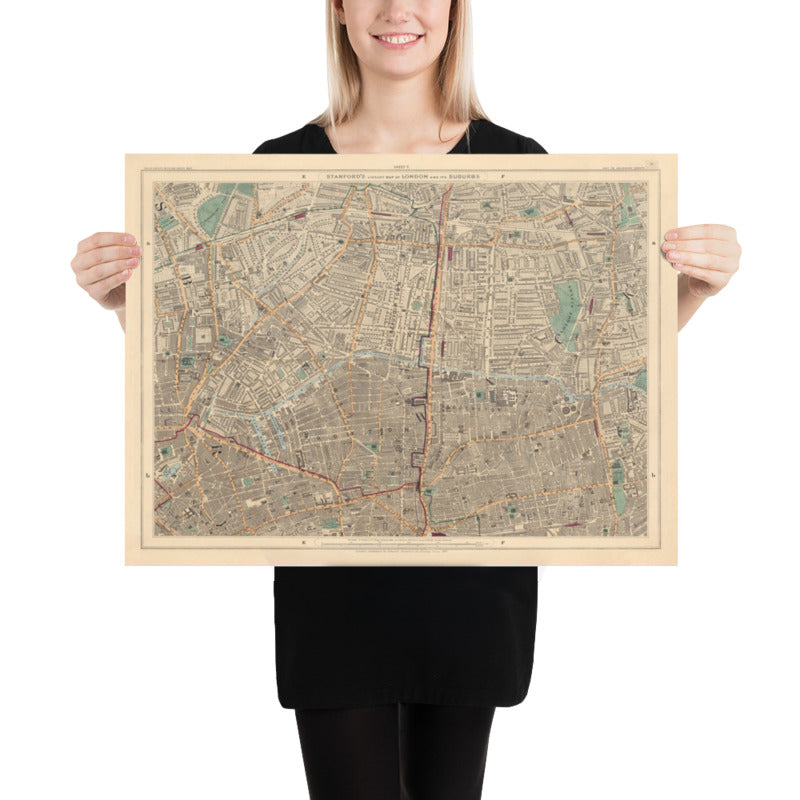 Old Colour Map of East London, 1891 - Hoxton, Haggerston, Dalston, Hackney, Bethnal Green, Shoreditch - N1, N5, E8, E2, EC1