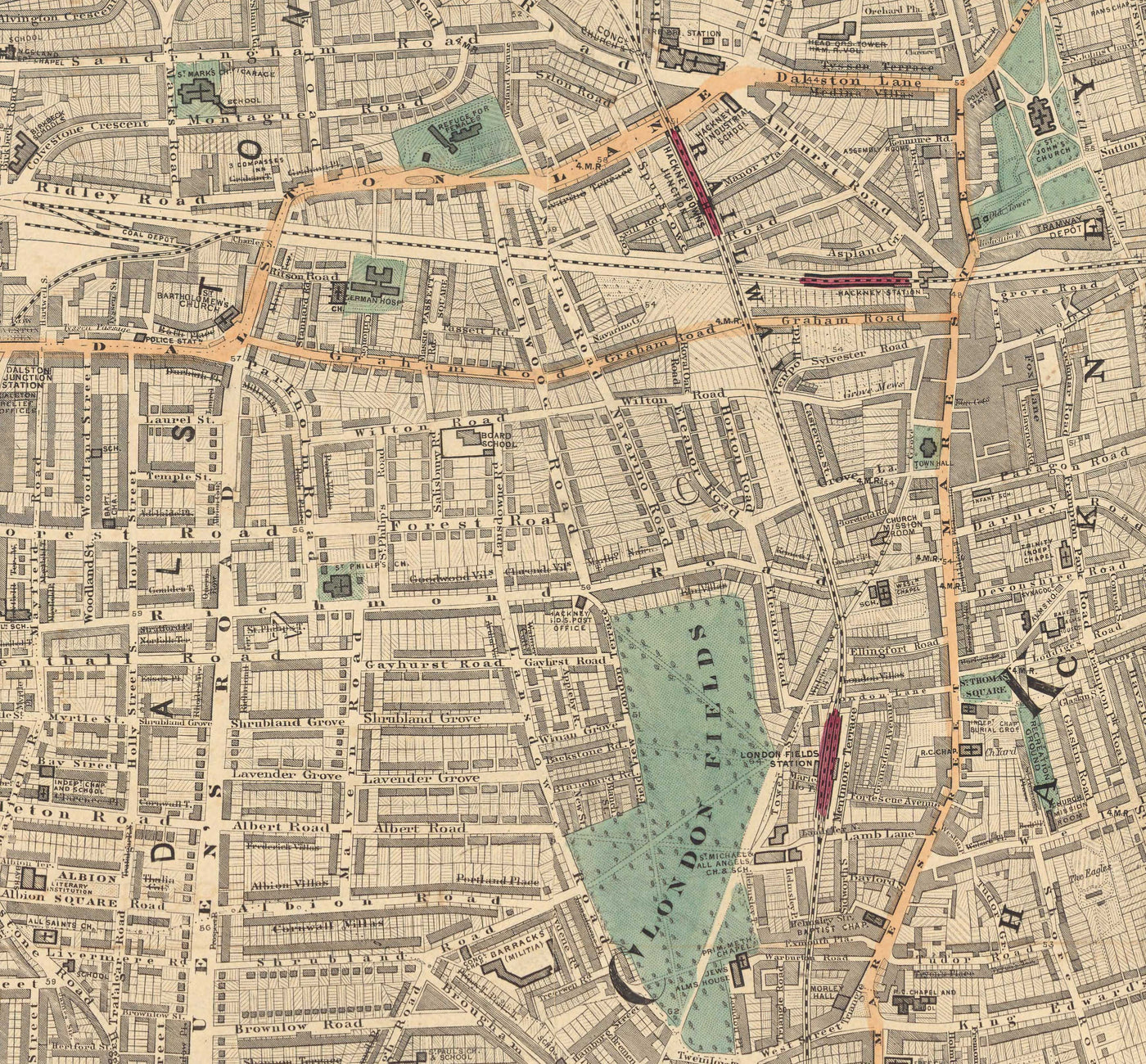 Old Colour Map of East London, 1891 - Hoxton, Haggerston, Dalston, Hackney, Bethnal Green, Shoreditch - N1, N5, E8, E2, EC1