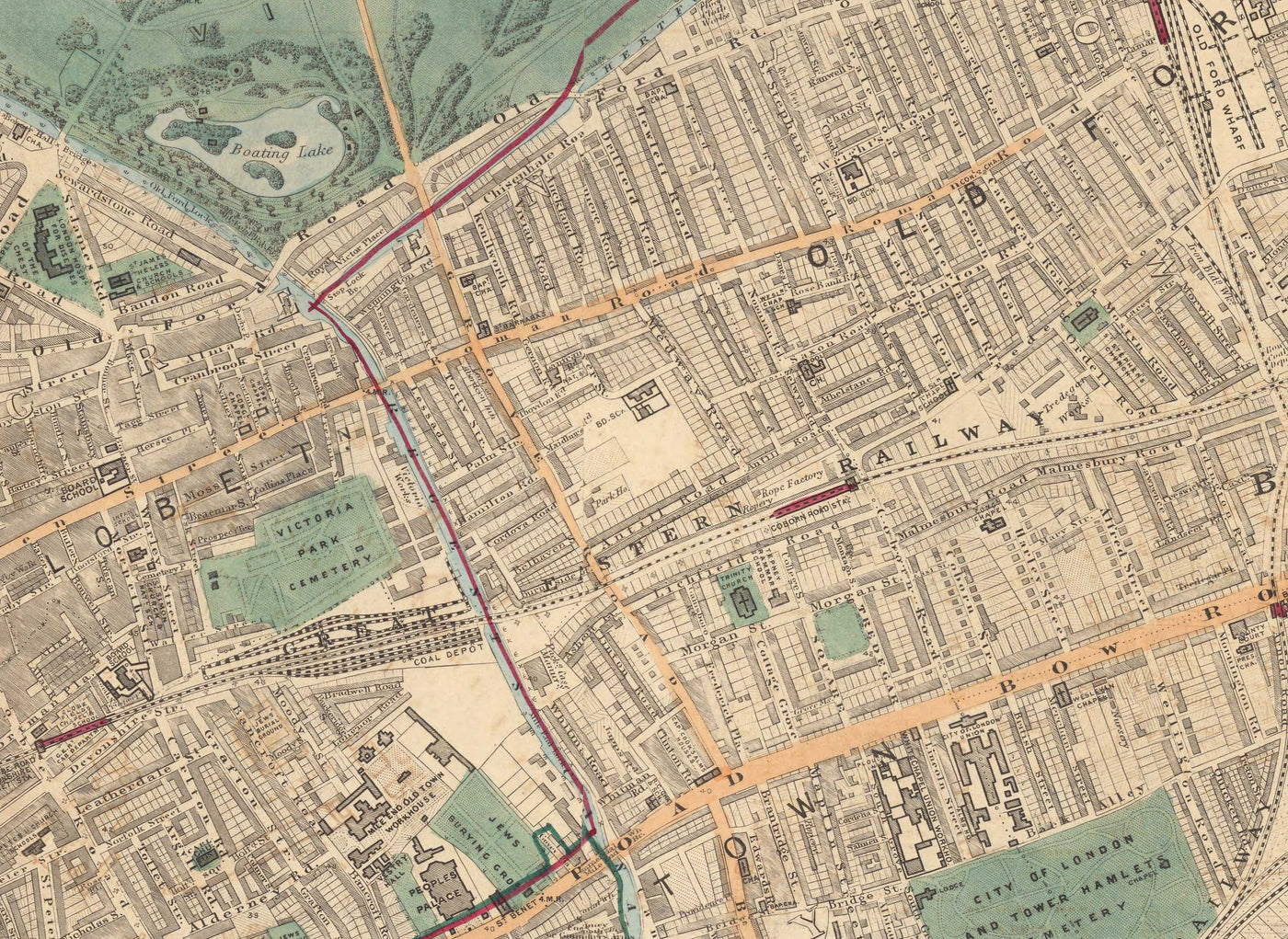 Old Colour Map of East London in 1891 - Victoria Park, Hackney, Bow, Stratford, Tower Hamlets - E9, E20, E3, E15