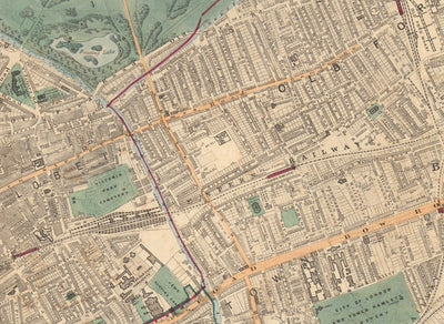 Old Colour Map of East London in 1891 - Victoria Park, Hackney, Bow, Stratford, Tower Hamlets - E9, E20, E3, E15
