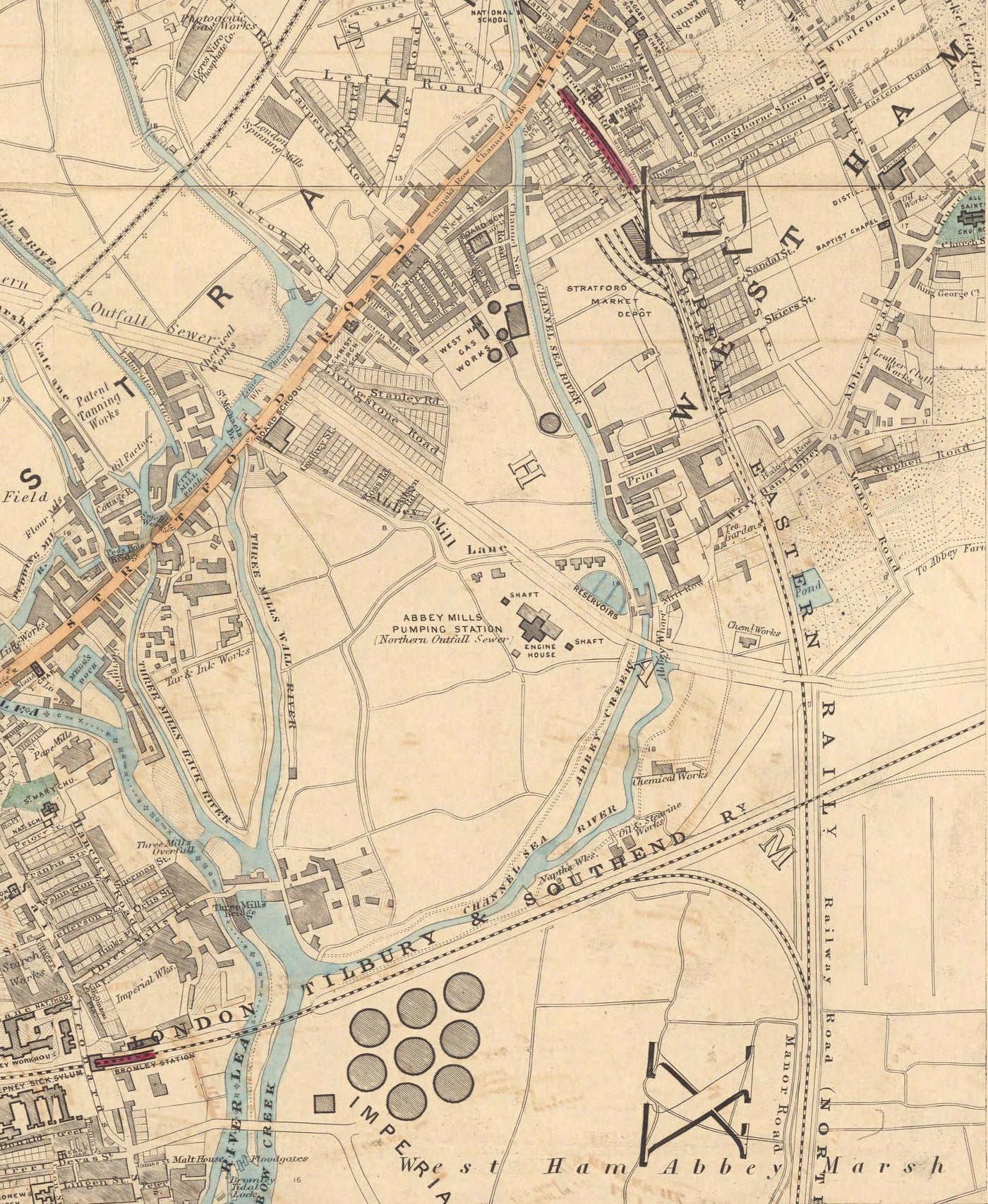 Old Colour Map of East London in 1891 - Victoria Park, Hackney, Bow, Stratford, Tower Hamlets - E9, E20, E3, E15