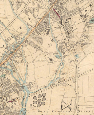 Old Colour Map of East London in 1891 - Victoria Park, Hackney, Bow, Stratford, Tower Hamlets - E9, E20, E3, E15