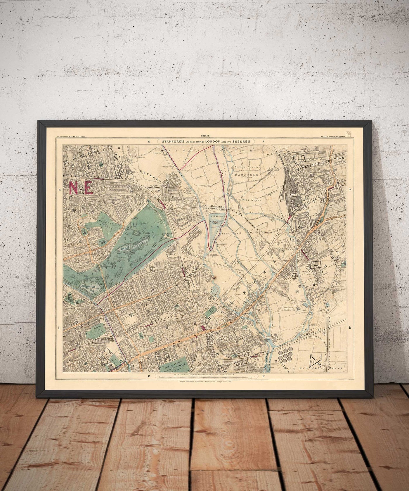 Old Colour Map of East London in 1891 - Victoria Park, Hackney, Bow, Stratford, Tower Hamlets - E9, E20, E3, E15