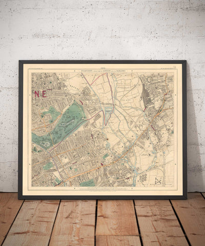 Old Colour Map of East London in 1891 - Victoria Park, Hackney, Bow, Stratford, Tower Hamlets - E9, E20, E3, E15