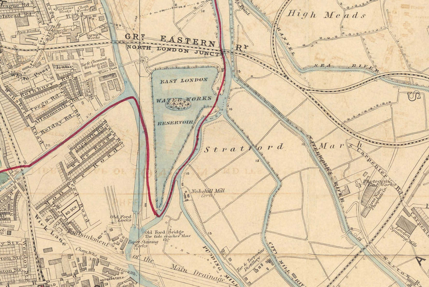 Old Colour Map of East London in 1891 - Victoria Park, Hackney, Bow, Stratford, Tower Hamlets - E9, E20, E3, E15