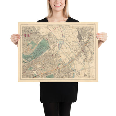Old Colour Map of East London in 1891 - Victoria Park, Hackney, Bow, Stratford, Tower Hamlets - E9, E20, E3, E15