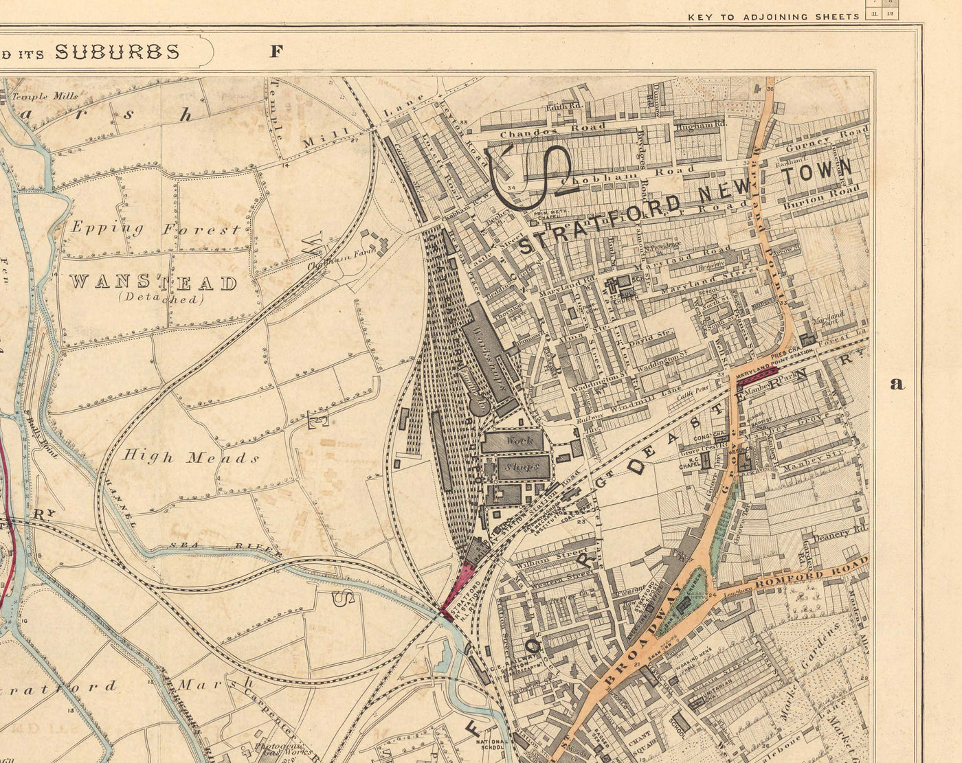 Old Colour Map of East London in 1891 - Victoria Park, Hackney, Bow, Stratford, Tower Hamlets - E9, E20, E3, E15