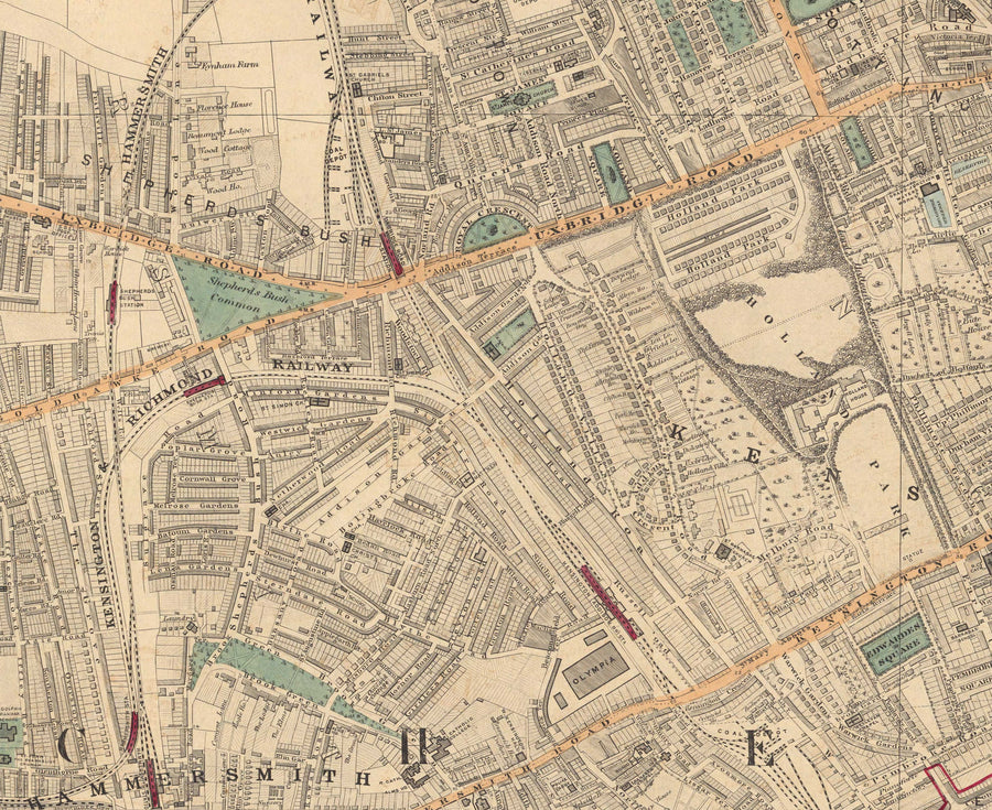 Mappa dei colori antica di West London - Notting Hill, Kensington, Portobello Road, Shepherds Bush, Bayswater - W11 W2 W8 SW7 W14 W6 W12 W10 