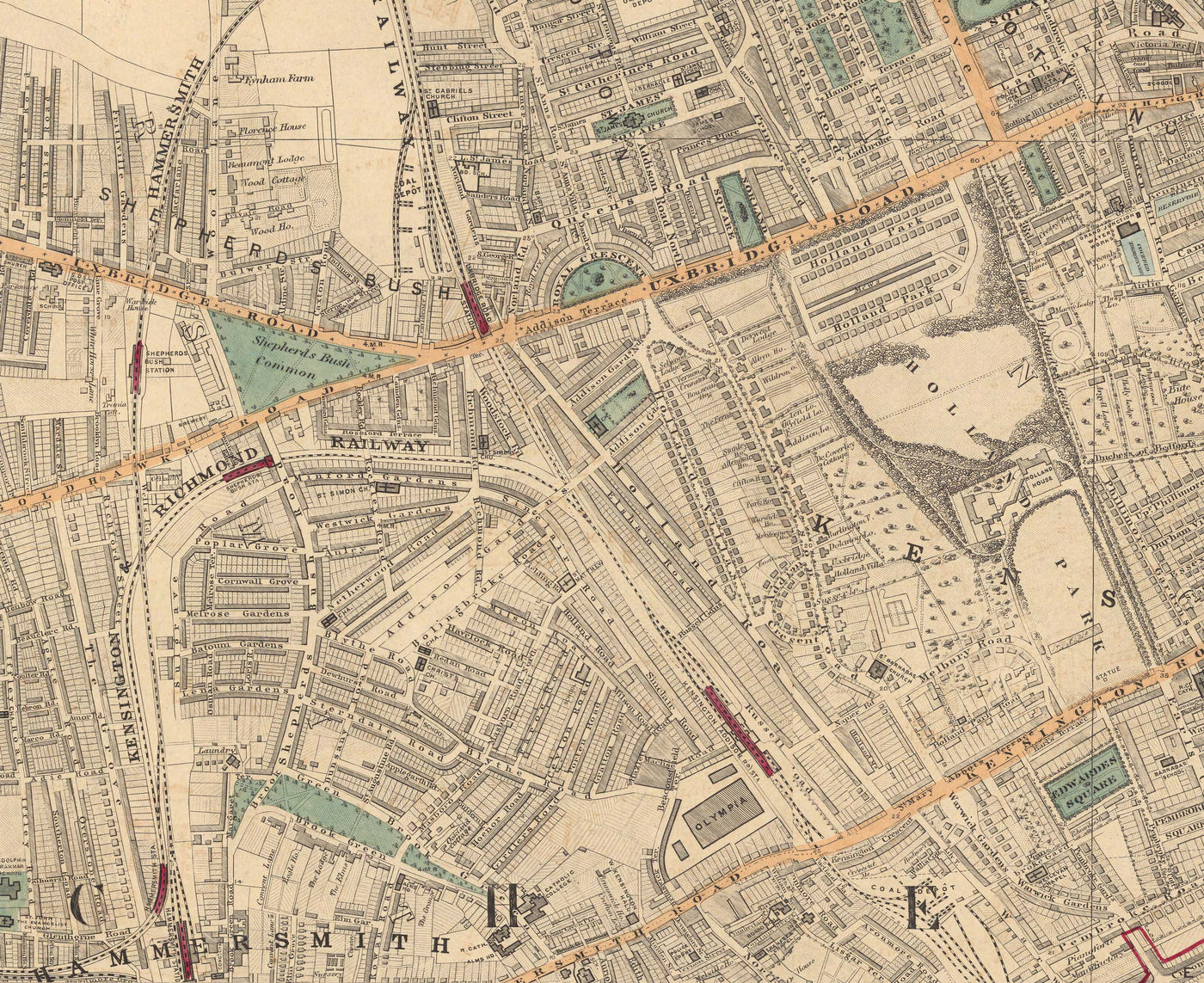 Old Colour Map of West London - Notting Hill, Kensington, Portobello Road, Shepherds Bush, Bayswater - W11 W2 W8 SW7 W14 W6 W12 W10