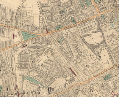 Old Colour Map of West London - Notting Hill, Kensington, Portobello Road, Shepherds Bush, Bayswater - W11 W2 W8 SW7 W14 W6 W12 W10