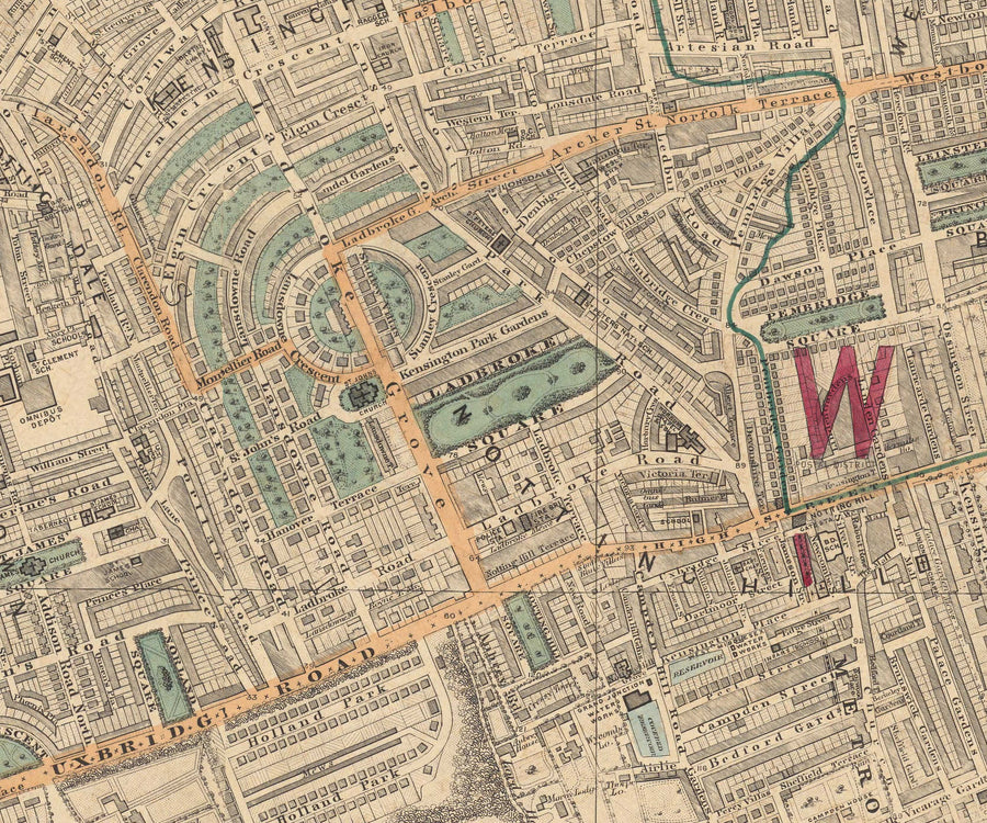 Mappa dei colori antica di West London - Notting Hill, Kensington, Portobello Road, Shepherds Bush, Bayswater - W11 W2 W8 SW7 W14 W6 W12 W10 