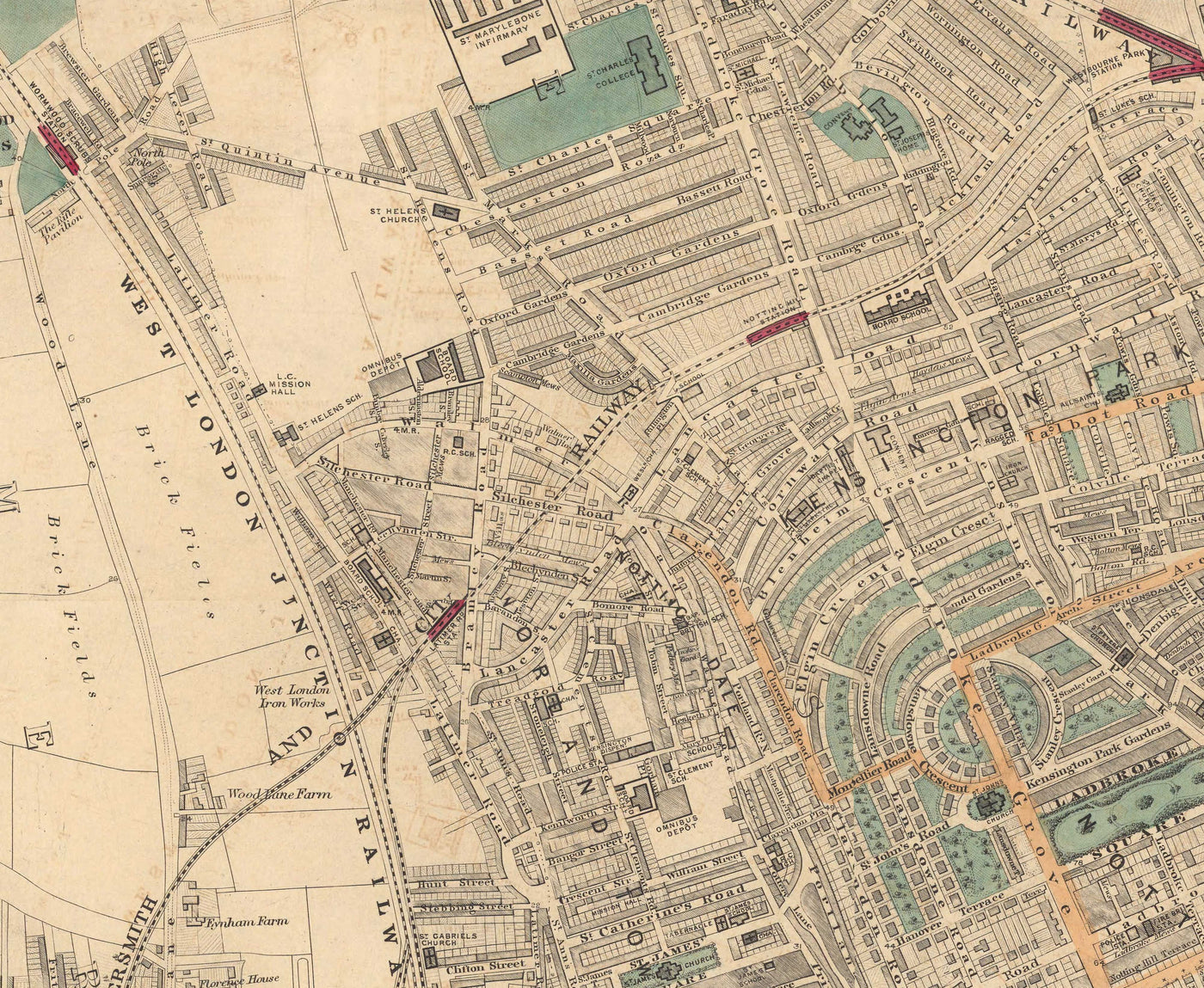 Old Colour Map of West London - Notting Hill, Kensington, Portobello Road, Shepherds Bush, Bayswater - W11 W2 W8 SW7 W14 W6 W12 W10