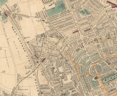 Old Colour Map of West London - Notting Hill, Kensington, Portobello Road, Shepherds Bush, Bayswater - W11 W2 W8 SW7 W14 W6 W12 W10