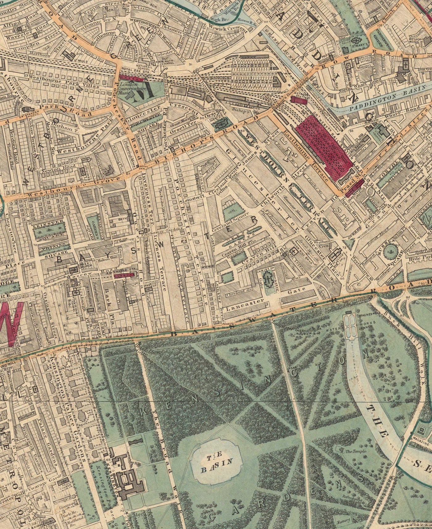 Old Colour Map of West London - Notting Hill, Kensington, Portobello Road, Shepherds Bush, Bayswater - W11 W2 W8 SW7 W14 W6 W12 W10