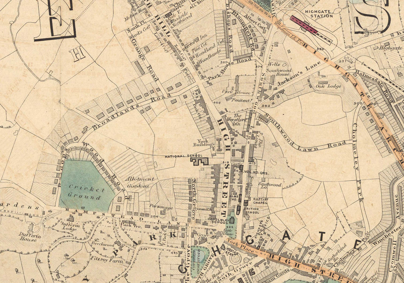 Alte Farbkarte von Nord-London im Jahr 1891 - Highgate, Hampstead Heath, Holloway, Crouch End - N6, N8, N19, N7, NW3 NW5 