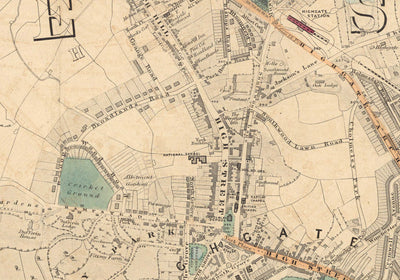 Alte Farbkarte von Nord-London im Jahr 1891 - Highgate, Hampstead Heath, Holloway, Crouch End - N6, N8, N19, N7, NW3 NW5 