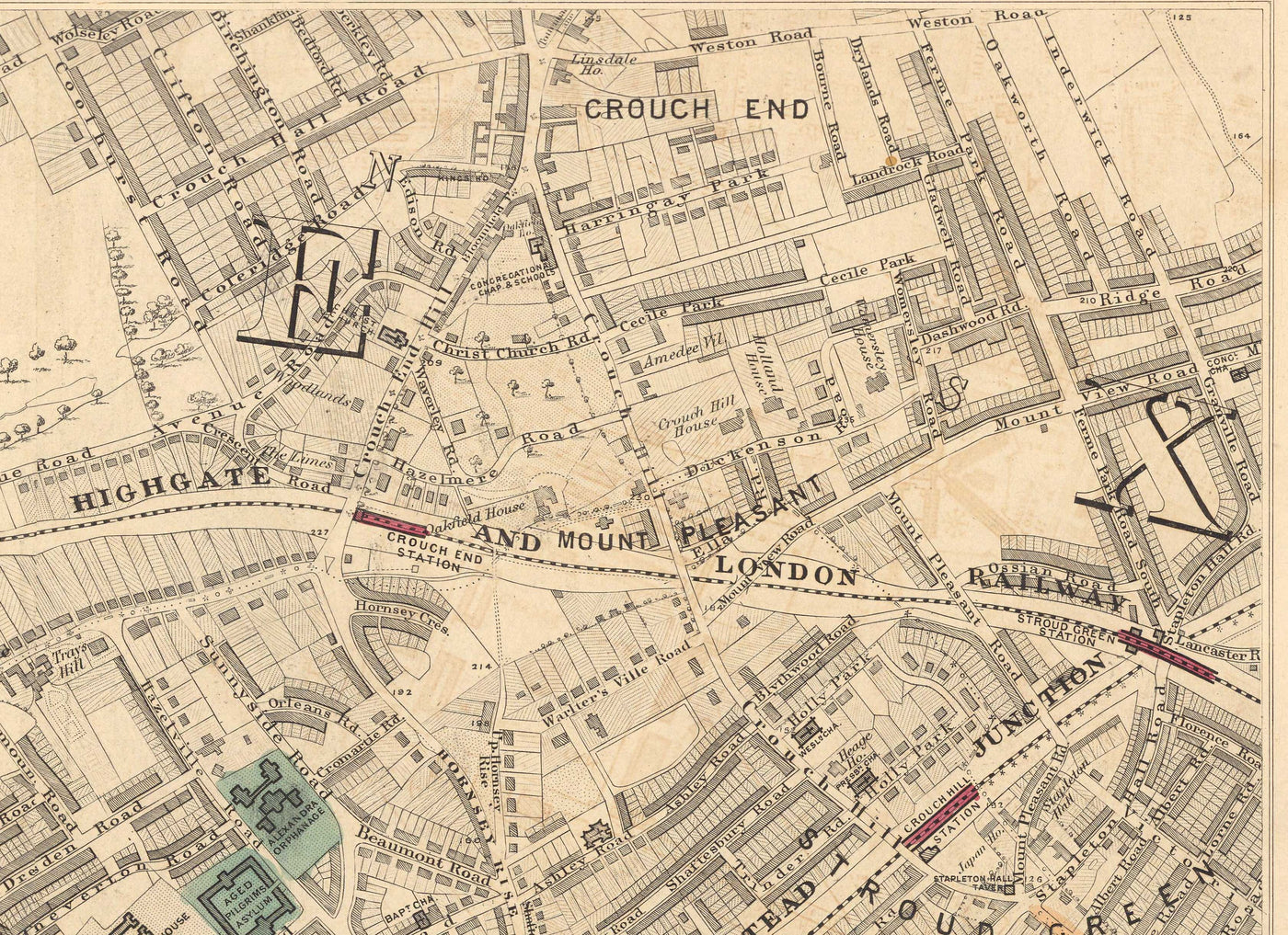 Alte Farbkarte von Nord-London im Jahr 1891 - Highgate, Hampstead Heath, Holloway, Crouch End - N6, N8, N19, N7, NW3 NW5 
