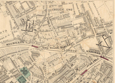 Alte Farbkarte von Nord-London im Jahr 1891 - Highgate, Hampstead Heath, Holloway, Crouch End - N6, N8, N19, N7, NW3 NW5 