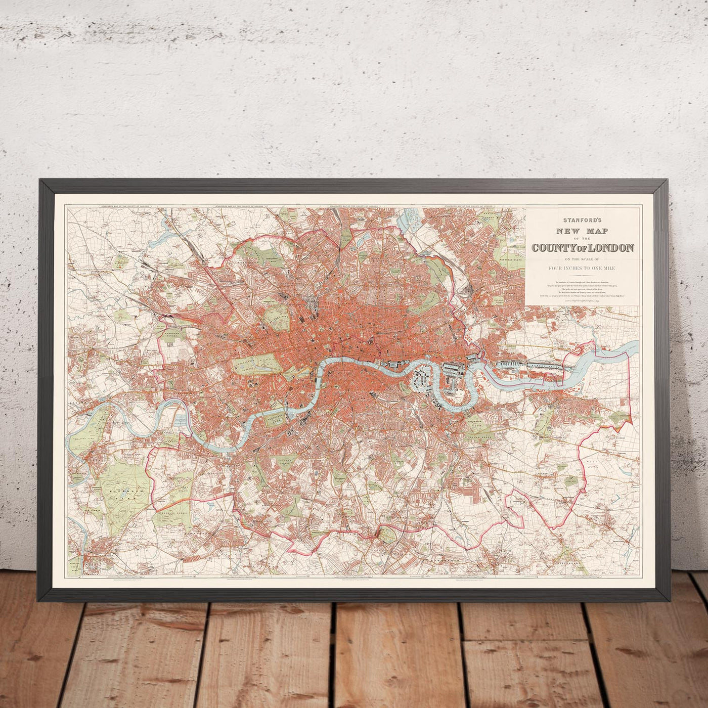 Grande carte murale de Londres par Stanford, 1905 : tableau victorien de couleur rouge 