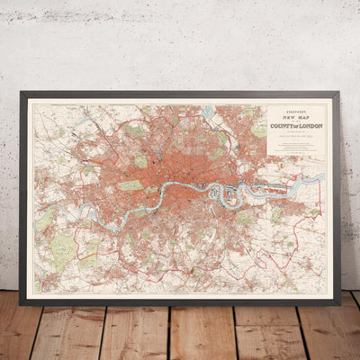 Grande carte murale de Londres par Stanford, 1905 : tableau victorien de couleur rouge 