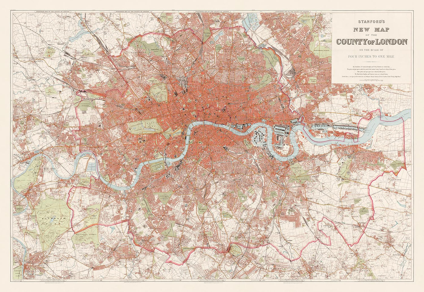 Grande carte murale de Londres par Stanford, 1905 : tableau victorien de couleur rouge 