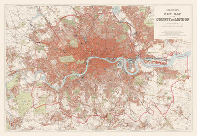 Grande carte murale de Londres par Stanford, 1905 : tableau victorien de couleur rouge 