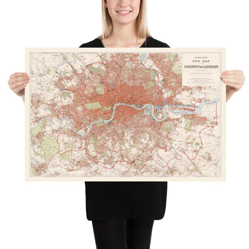 Grande carte murale de Londres par Stanford, 1905 : tableau victorien de couleur rouge 
