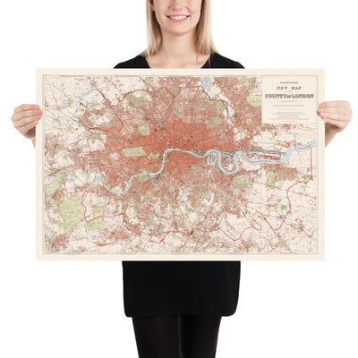 Grande carte murale de Londres par Stanford, 1905 : tableau victorien de couleur rouge 