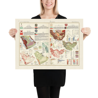 Alte Infografik-Karte der Arabischen Halbinsel: Landwirtschaft, Landnutzung und Bevölkerung, 1967 