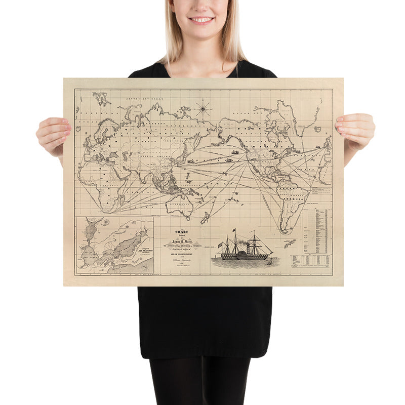 Old World Map of Steamer Routes by James Moore, 1850