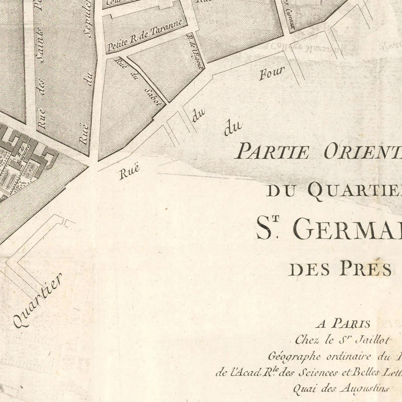 Alte Karte von St Germain (Paris) von Jean Baptiste Michel Jaillot im Jahr 1775 - Seine, Point Royal, Palais Bourbon, Rue Du Bac, Caserne des Gardes 