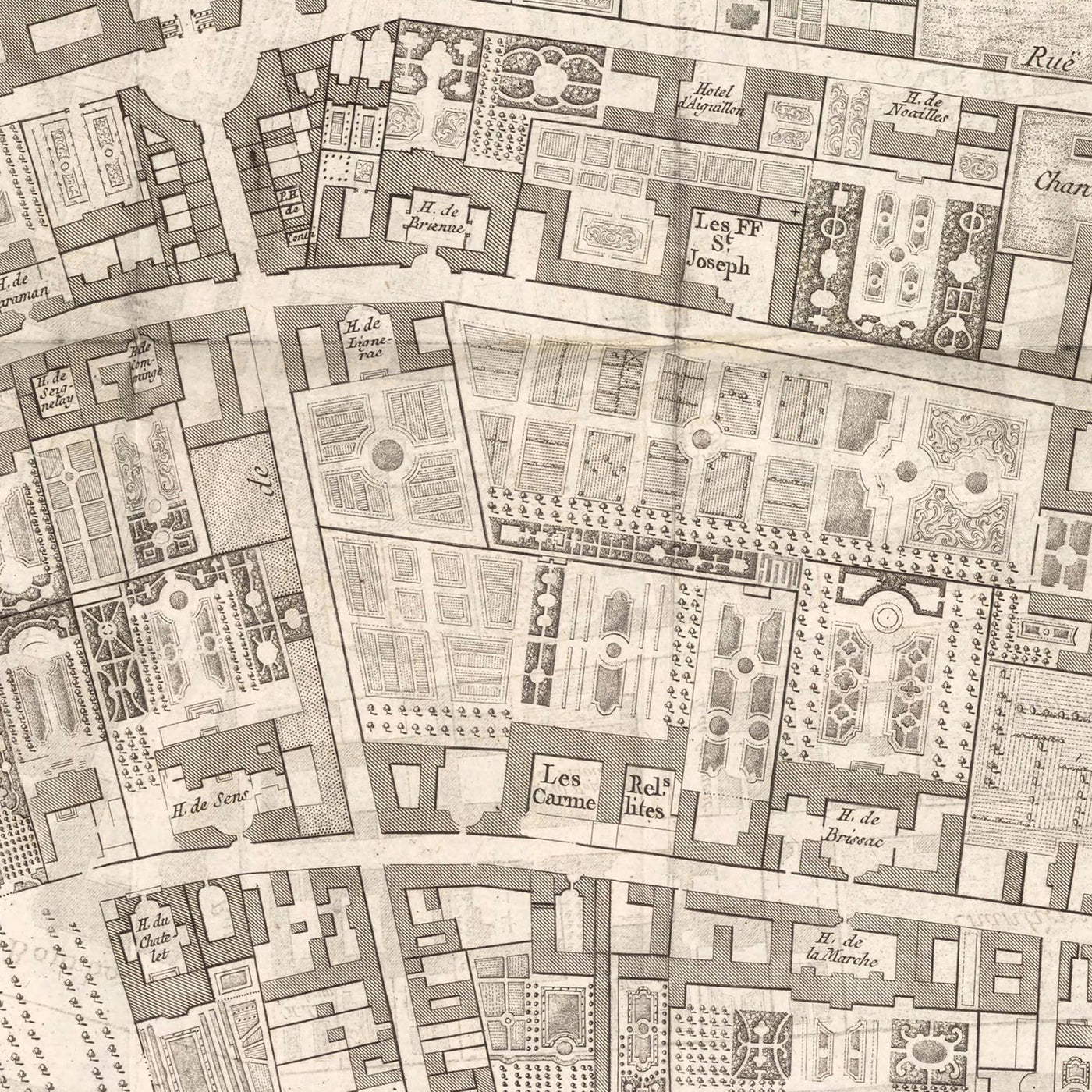 Alte Karte von St Germain (Paris) von Jean Baptiste Michel Jaillot im Jahr 1775 - Seine, Point Royal, Palais Bourbon, Rue Du Bac, Caserne des Gardes 