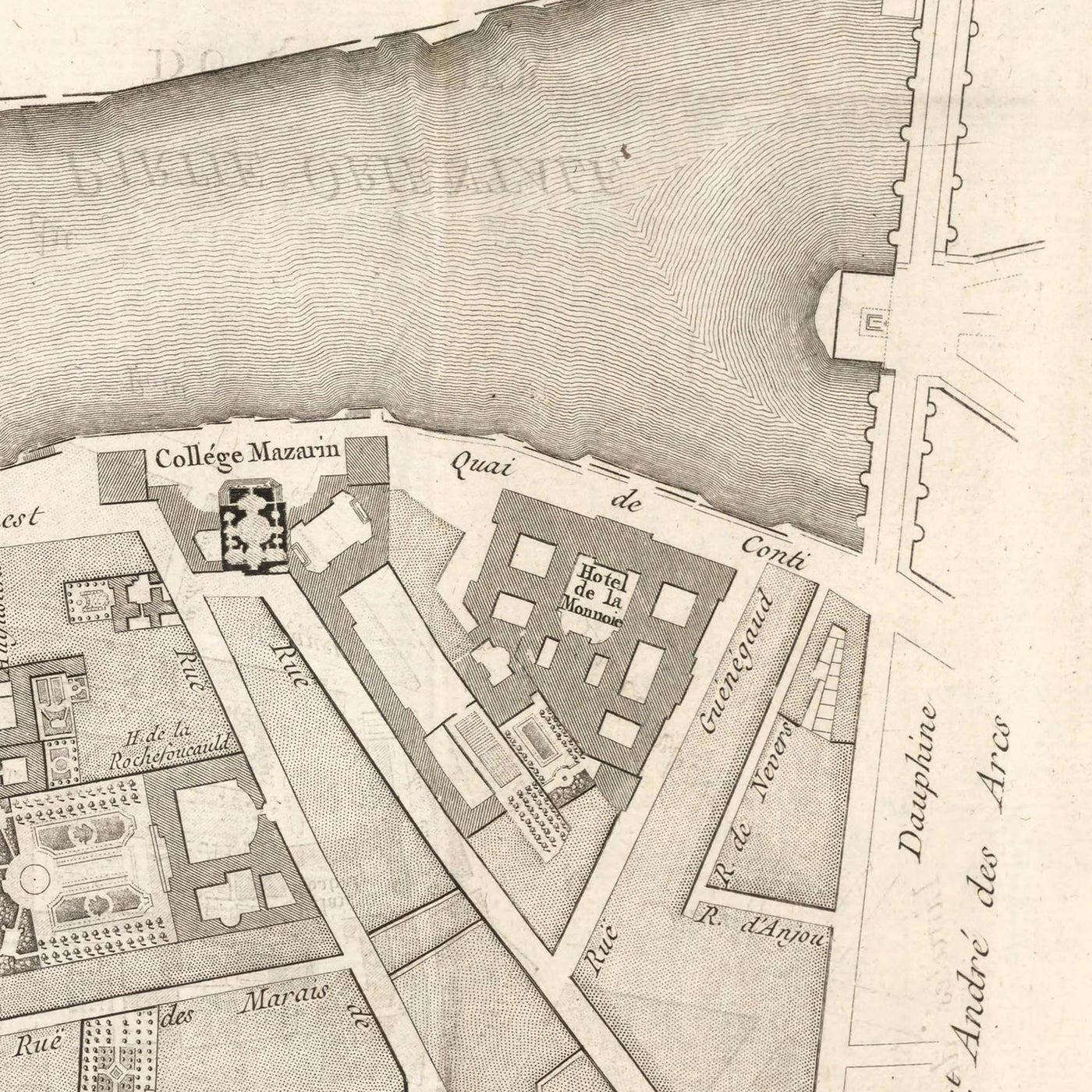 Alte Karte von St Germain (Paris) von Jean Baptiste Michel Jaillot im Jahr 1775 - Seine, Point Royal, Palais Bourbon, Rue Du Bac, Caserne des Gardes 