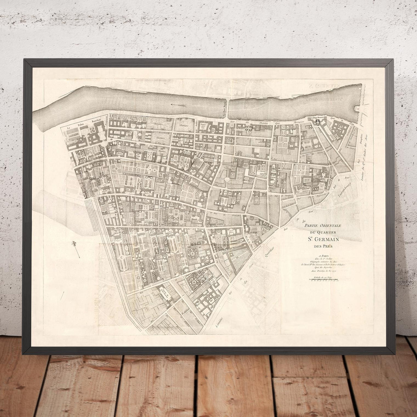 Alte Karte von St Germain (Paris) von Jean Baptiste Michel Jaillot im Jahr 1775 - Seine, Point Royal, Palais Bourbon, Rue Du Bac, Caserne des Gardes 
