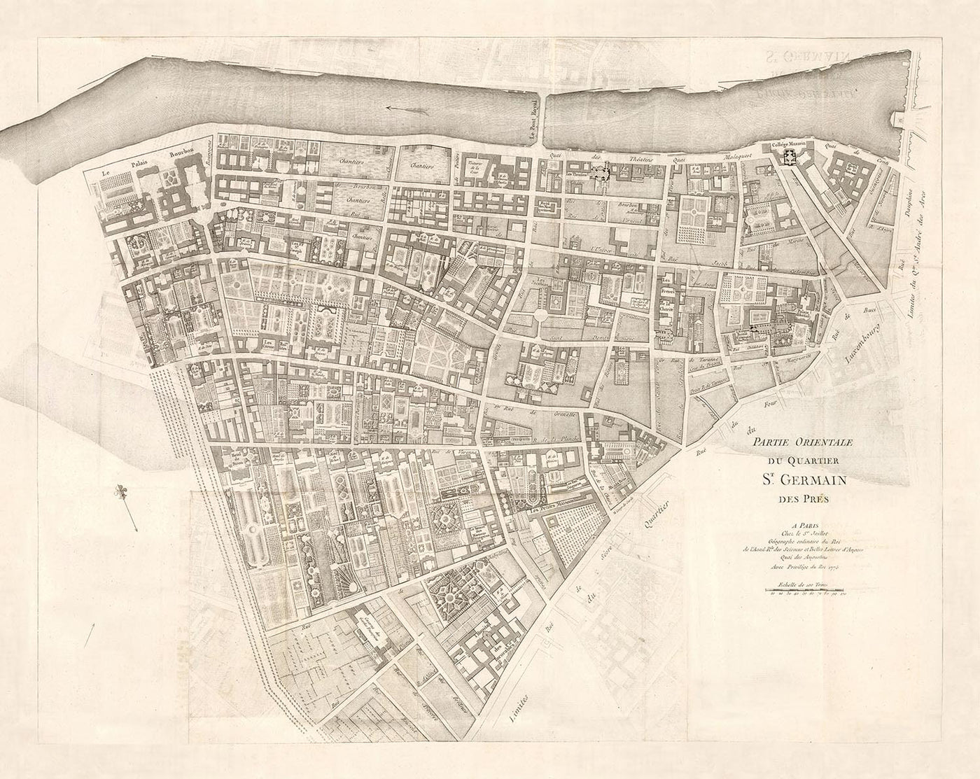 Alte Karte von St Germain (Paris) von Jean Baptiste Michel Jaillot im Jahr 1775 - Seine, Point Royal, Palais Bourbon, Rue Du Bac, Caserne des Gardes 