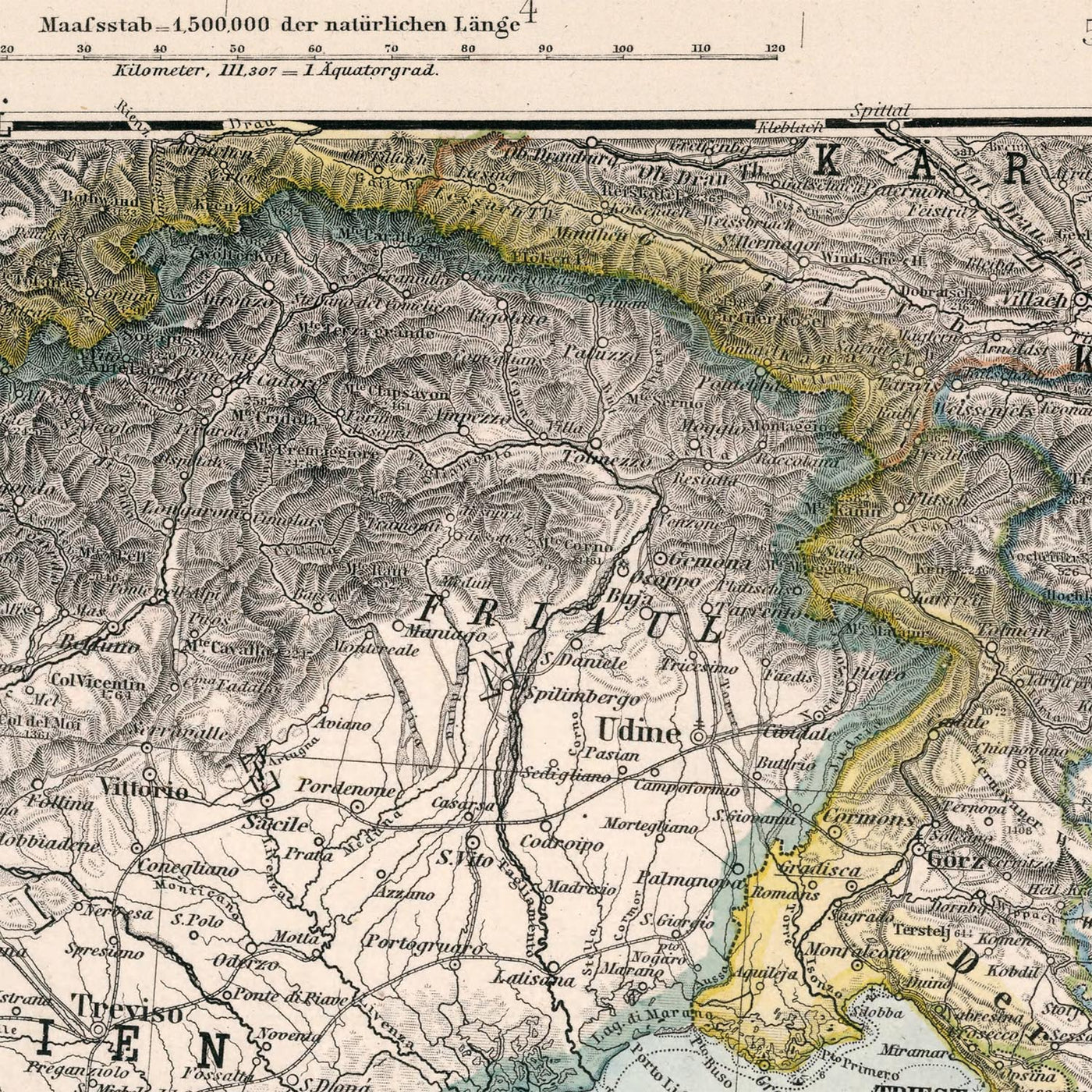 Mapa antiguo de Croacia y Bosnia de Adolf Stieler, 1894: mar Adriático, costa dálmata y montañas Velebit