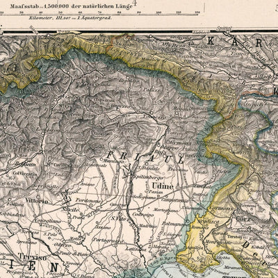 Mapa antiguo de Croacia y Bosnia de Adolf Stieler, 1894: mar Adriático, costa dálmata y montañas Velebit