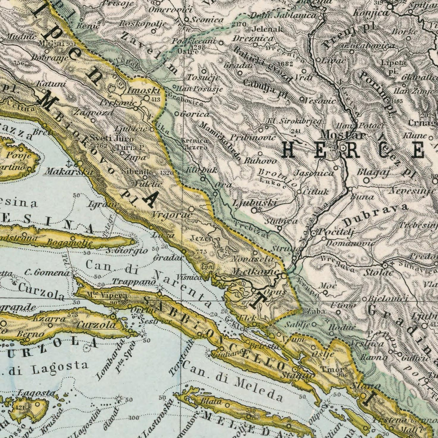 Mapa antiguo de Croacia y Bosnia de Adolf Stieler, 1894: mar Adriático, costa dálmata y montañas Velebit