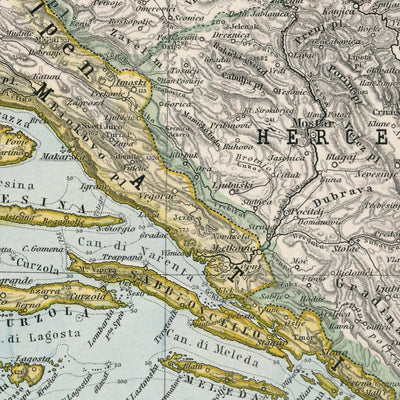 Mapa antiguo de Croacia y Bosnia de Adolf Stieler, 1894: mar Adriático, costa dálmata y montañas Velebit