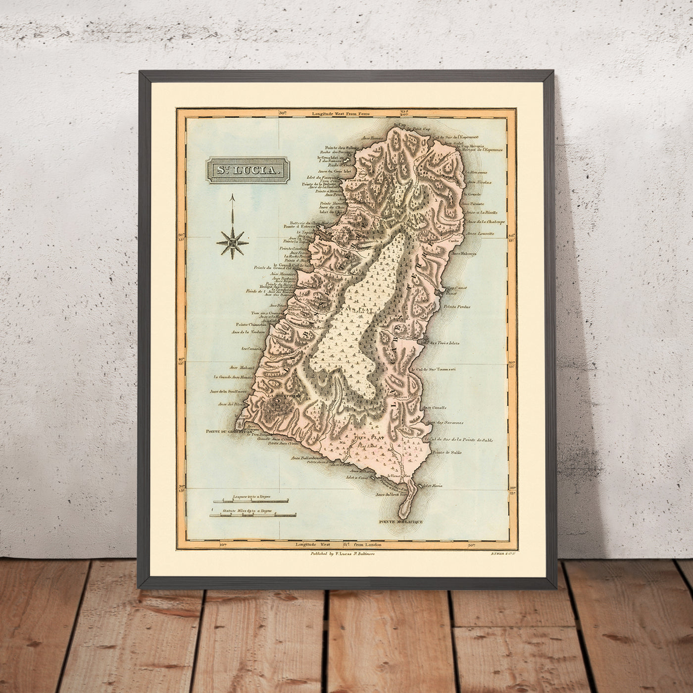 Antiguo mapa raro de Santa Lucía por Lucas, 1823: Castries, Soufriere, Vieux Fort, Pointe de la Caravelle, Anse la Raye