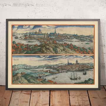 Antica mappa di Birdseye di Stoccolma di Braun & Hogenberg, 1599: Palazzo Reale, Chiese, Canali, Navi, Colline 