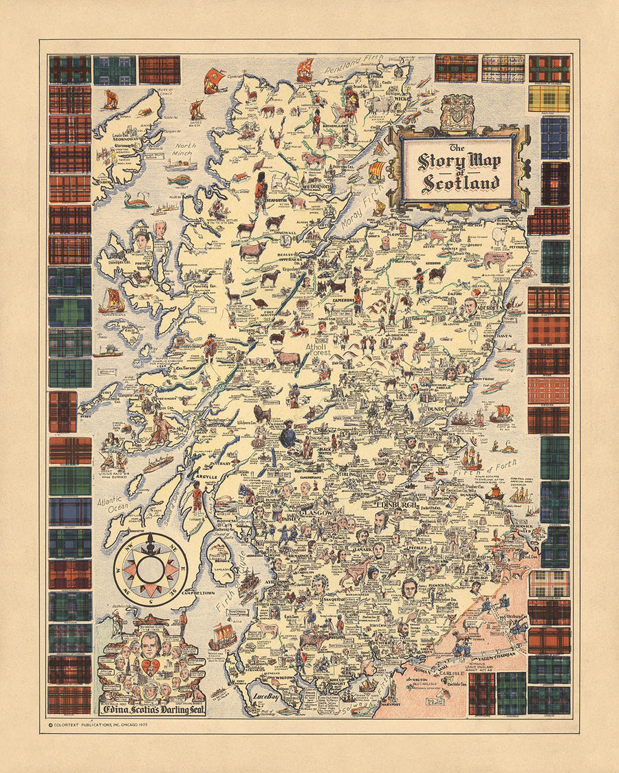 Mappa delle storie antiche della Scozia, 1935: Storia, Tartan, Flora MacDonald, Bonnie Prince Charlie 