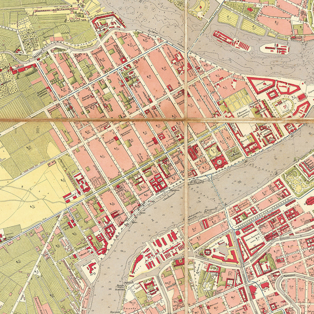 Antigua mapa de San Petersburgo, Rusia por Ilyin, 1887: Almirantazgo, San Isaac, Palacio de Invierno, río Neva, canal Obvodny 
